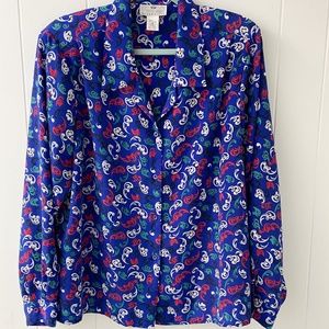 Worthington Essentials vintage blouse, cobalt blue blouse, printed blue top